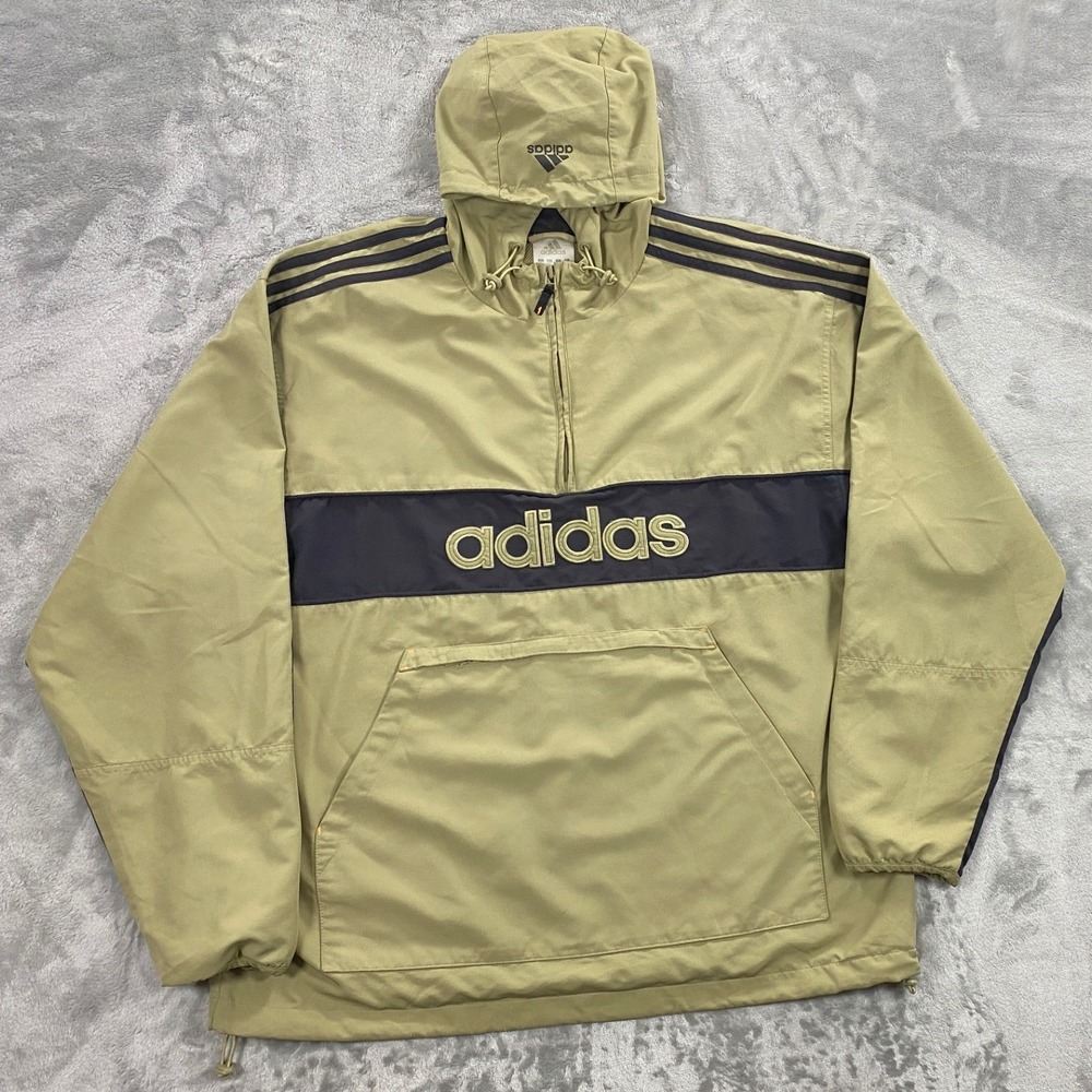 Vintage 00s Adidas Hooded Anorak Windbreaker Jacket Men L Tan Relaxed Streetwear